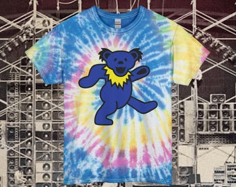 Camiseta azul tie-dye con diseño de oso bailarín de Grateful Dead - Camiseta vintage de banda de rock - Camiseta con gráfico retro de Deadhead - Camiseta de música para festivales