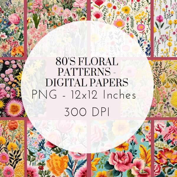 10 80's Floral Digital Prints, Digital Papers, Seamless, 80's Digital Patterns, Retro Seamless Digital Patterns, Retro Patterns