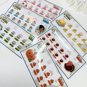 May include: A collection of five rectangular sticker sheets titled Build A Farm, featuring various themes including medical expenses, hospital visits, making butter, feeding turkeys, and growing pumpkins with colorful cartoon illustrations.