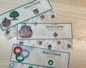 May include: Three translucent rectangular cards with the text "BUILD A BANK" and various subheadings. The cards feature illustrations of a tree, a gift, a money bag, and social media icons. The background is decorated with money-themed graphics.
