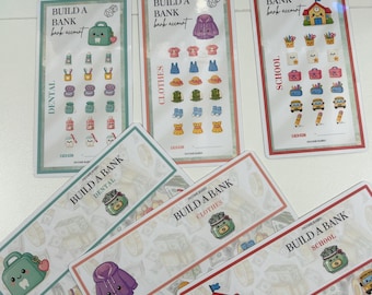 May include: Six rectangular sticker sheets labelled Build A Bank bank account with categories Dental, Clothes, and School. The sheets feature colourful cartoon icons of teeth, clothing items, school supplies, and bank buildings with smiling faces.