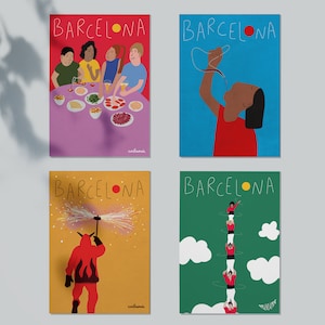 Zestaw 4 POSTALES sobre BARCELONA / ilustracje / oryginalny pomysł królewski / Tipografía