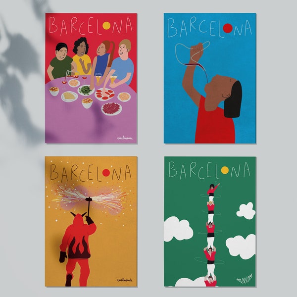 Set de 4 POSTALES sobre BARCELONA / ilustraciones / idea de regalo original / Tipografía