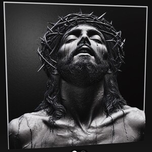 May include: A black and white artistic depiction of a figure with a beard and long hair wearing a crown of thorns. The figure has eyes closed and head tilted upward, with visible liquid streaks running down the face, neck, and chest area.