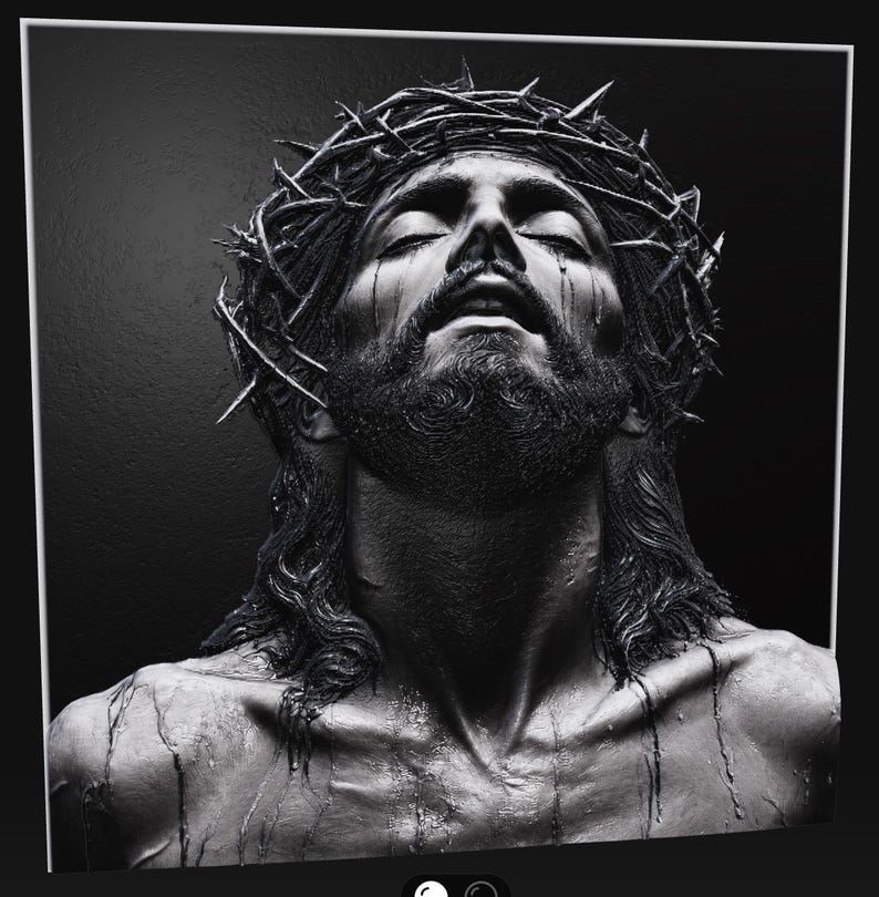 May include: A black and white artistic depiction of a figure with a beard and long hair wearing a crown of thorns. The figure has eyes closed and head tilted upward, with visible liquid streaks running down the face, neck, and chest area.