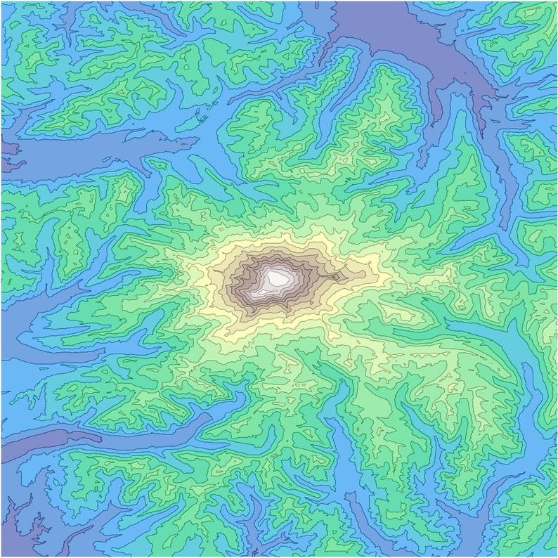 May include: A topographic map illustration featuring a central mountain range surrounded by valleys and waterways. The map uses a color gradient, with shades of blue, green, and yellow to represent elevation changes. The central peak is a light brown color.