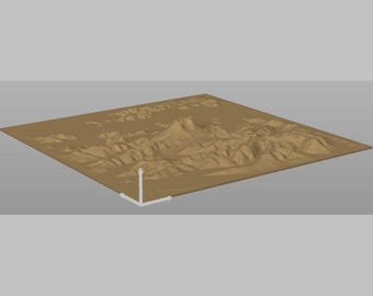 May include: A tan-colored, 3D-rendered topographical map with mountain ranges and valleys. The map is rectangular and set against a gray background. A white, right-angle marker is in the lower left corner.