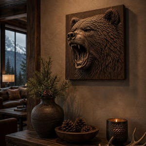 Puede incluir: Una placa de pared de madera marr&oacute;n oscuro con una escultura en alto relieve de una cabeza de oso gru&ntilde;endo con dientes visibles y textura de pelaje. La placa est&aacute; montada en una pared sobre una superficie de madera con un jarr&oacute;n y pi&ntilde;as.