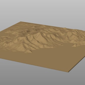 May include: A 3D rendering of a tan-colored landscape with mountainous terrain. The model features a flat base with detailed ridges and valleys, suggesting a desert or arid environment. The overall design is simple and abstract.