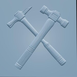 May include: Two light blue hammers crossed in an X shape. The hammer on the left features a claw end, while the hammer on the right has a flat head. Both tools display a textured handle design with ribbed sections near the base and a wood grain finish.