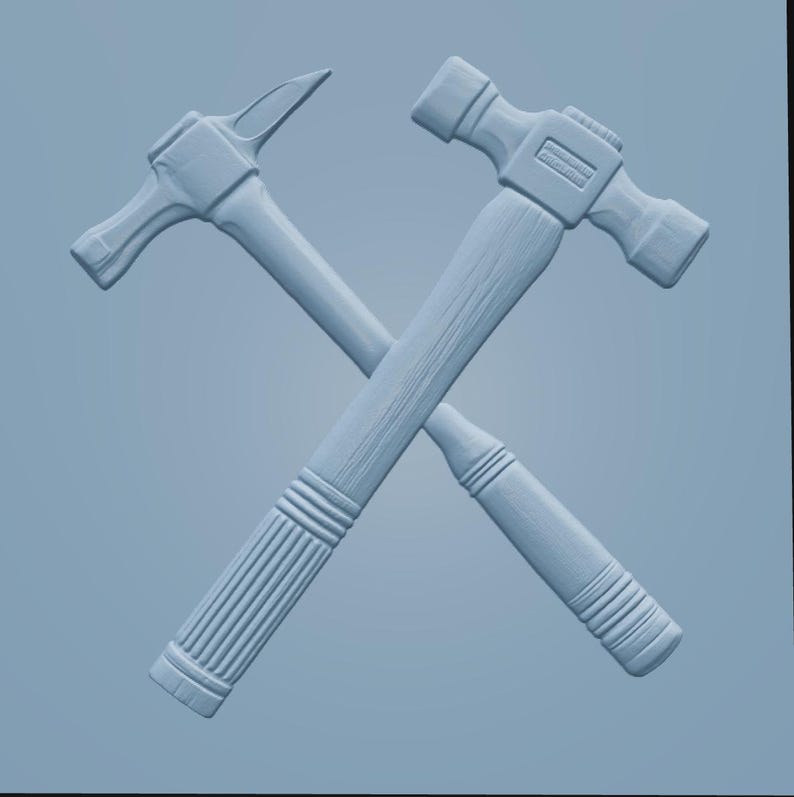 May include: Two light blue hammers crossed in an X shape. The hammer on the left features a claw end, while the hammer on the right has a flat head. Both tools display a textured handle design with ribbed sections near the base and a wood grain finish.