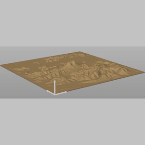 May include: A tan-colored, 3D-rendered topographical map with a mountainous landscape. The map is rectangular and features detailed relief, with peaks and valleys. A white, L-shaped marker is in the lower left corner. The background is a solid gray.