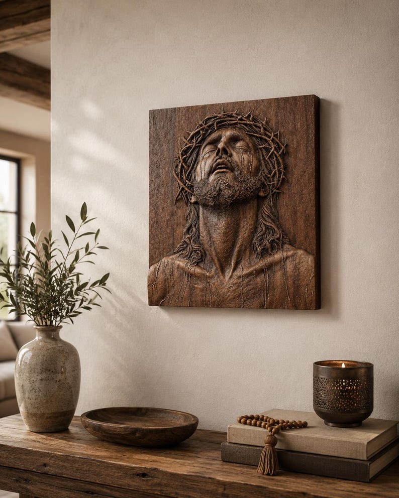 Jesus Christ Crown of Thorns Bas-Relief STL | CNC Carving File | Religious Wood Art image 4