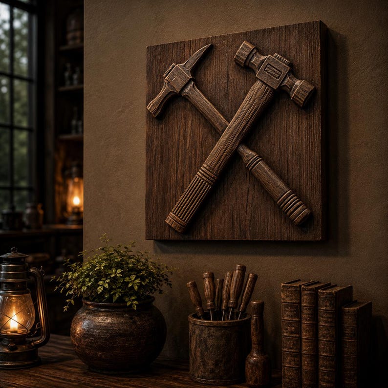 Crossed Hammers Bas-Relief CNC File | Wood Shop Wall Art | Workshop Decor | Maker Gift STL image 2