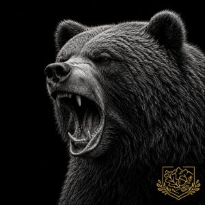 May include: A black and white profile portrait of a grizzly bear with its mouth wide open, revealing sharp teeth. The bear has thick, textured fur and is facing left. A gold-colored emblem featuring an acorn and leaves is in the bottom corner.