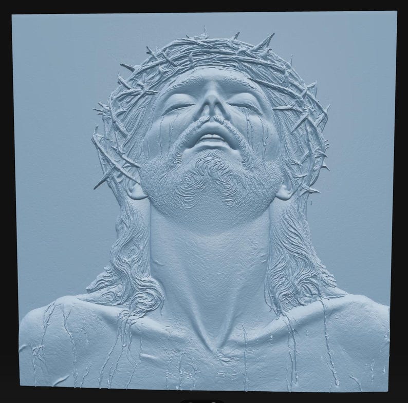 May include: A light blue monochromatic relief sculpture depicting a bearded figure with eyes closed, wearing a crown of thorns. The figure has long hair and visible textures representing liquid or tears flowing down the face and chest area.