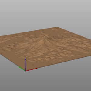 May include: A brown, rectangular 3D model of a mountainous landscape. The model has a textured surface with peaks and valleys, and a flat base. The model is set against a gray background, with colored axes in the corner.