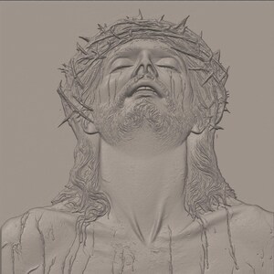 May include: A monochromatic, relief-style sculpture depicting a bearded figure with eyes closed, wearing a crown of thorns. The figure has long hair and visible streaks resembling liquid flowing down the face, neck, and shoulders in a textured finish.