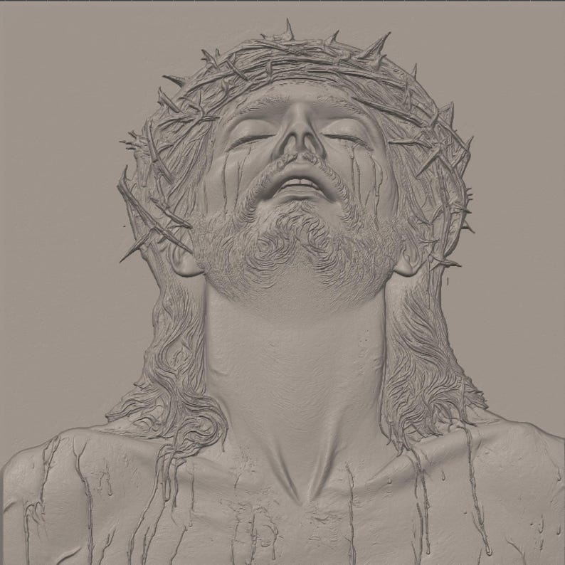 May include: A monochromatic, relief-style sculpture depicting a bearded figure with eyes closed, wearing a crown of thorns. The figure has long hair and visible streaks resembling liquid flowing down the face, neck, and shoulders in a textured finish.