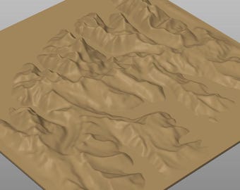 May include: A tan-colored, 3D-rendered model of a mountain range. The model features detailed ridges and valleys, with varying heights and textures, set on a square base. The overall design suggests a topographical representation.