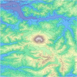 May include: A topographic map with contour lines in shades of blue, green, and tan. The map depicts a mountainous region with a central peak and surrounding valleys. The color gradient suggests varying elevations.