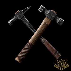 May include: Two crossed hammers with dark, weathered metal heads and textured wooden handles. One hammer features a pointed pick end, while the other has a flat head with the embossed text GENTLEMAN CHISEL visible on the metal surface.