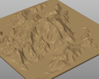 May include: A tan-colored, 3D-rendered model of a mountainous landscape. The model features detailed ridges, valleys, and peaks, with a flat, rectangular base. The overall design suggests a topographical representation.