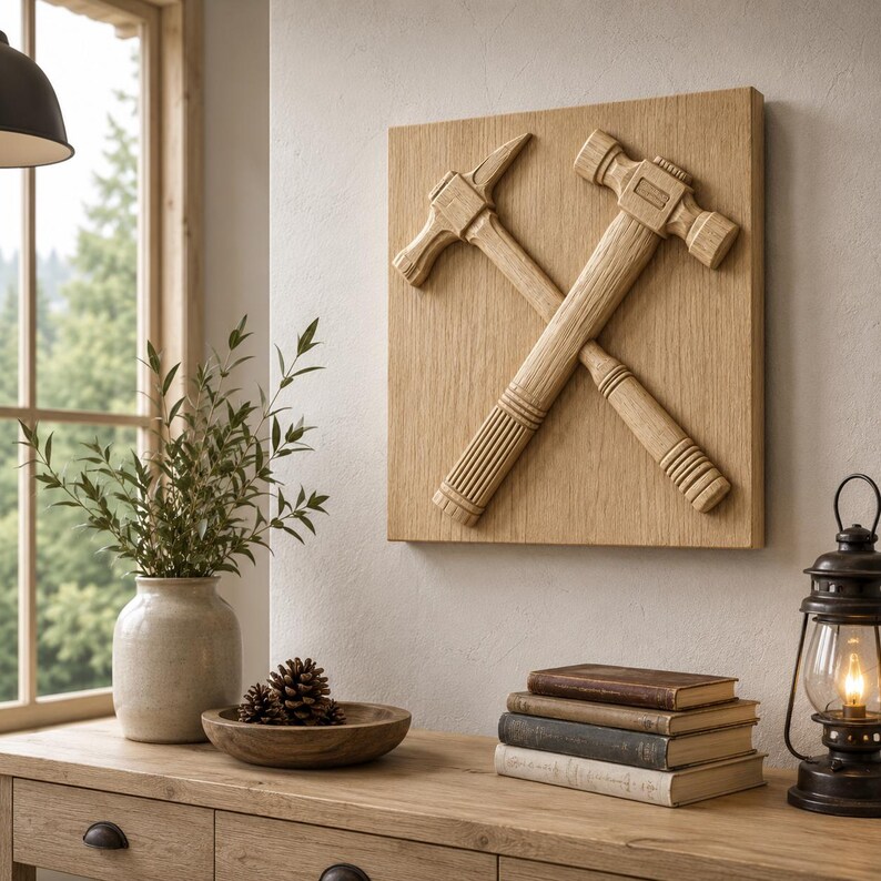 May include: A square light-colored wooden wall plaque featuring a relief carving of two crossed hammers. The carving displays detailed textures on the hammer heads and handles, mounted centrally on a flat, smooth wooden board with a natural grain.