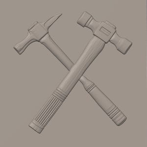 May include: A monochromatic 3D relief sculpture featuring two crossed hammers. One hammer has a flat head and a claw, while the other is a standard claw hammer. Both tools exhibit detailed textures on their handles and heads, rendered in a uniform light gray tone against a matching flat background.