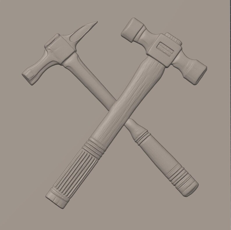 May include: A monochromatic 3D relief sculpture featuring two crossed hammers. One hammer has a flat head and a claw, while the other is a standard claw hammer. Both tools exhibit detailed textures on their handles and heads, rendered in a uniform light gray tone against a matching flat background.