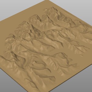 May include: A tan-colored, 3D-rendered model of a mountain range. The model features detailed ridges and valleys, with varying heights and textures, set on a square base. The overall design suggests a topographical representation.