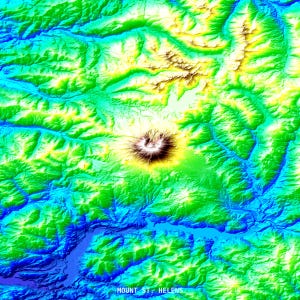 May include: A colorful topographic map of Mount St. Helens, featuring a detailed view of the mountain's structure. The image uses a vibrant palette of greens, blues, and yellows to represent elevation changes. The text "MOUNT ST. HELENS" is at the bottom.