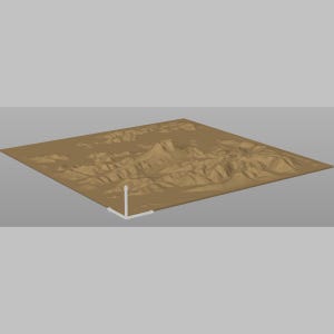 May include: A tan-colored, 3D-rendered topographical map with mountain ranges and valleys. The map is rectangular and set against a gray background. A white, right-angle marker is in the lower left corner.