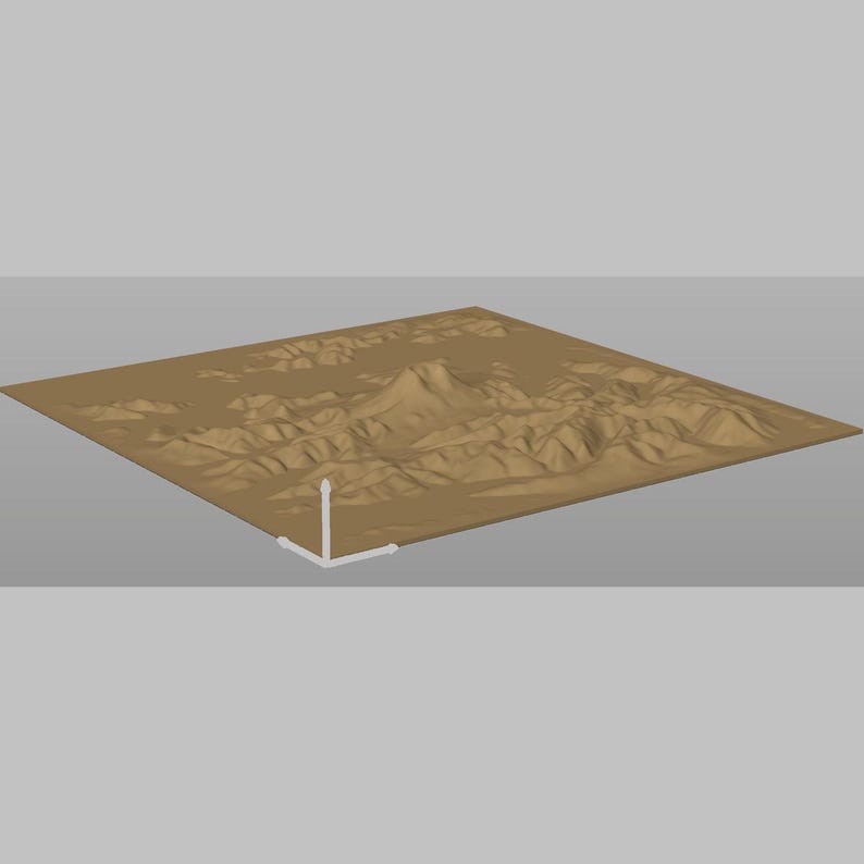 May include: A tan-colored, 3D-rendered topographical map with mountain ranges and valleys. The map is rectangular and set against a gray background. A white, right-angle marker is in the lower left corner.