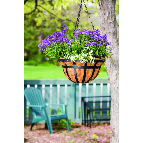 Durable Powder Coated Steel Black Round Hanging Flower Plant Basket Includes Liner Outdoor Gardening