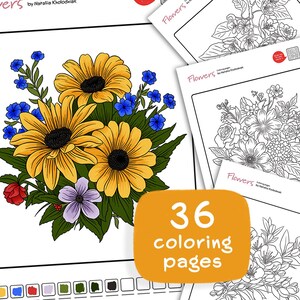 May include: A coloring book with 36 pages featuring a variety of flower illustrations. The cover features a bouquet of yellow, red, blue, and purple flowers.