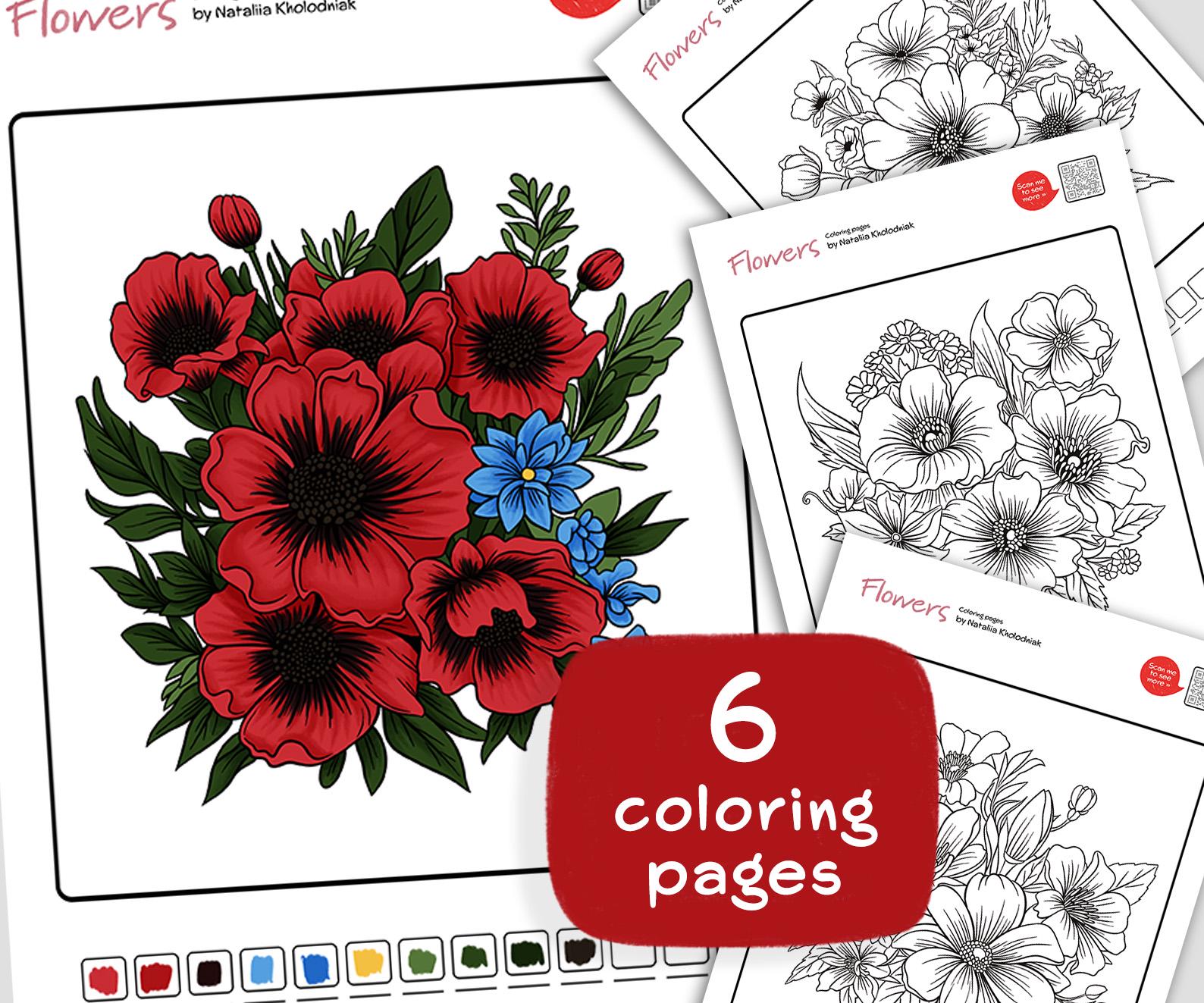 花の塗り絵：大人向けの印刷可能なデザイン6点（PDFパターン） - Etsy 日本, image size:1588x1323