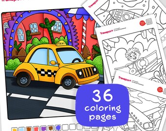 May include: A set of coloring pages featuring transportation themes. The cover shows a yellow taxi cab on a crosswalk in front of a building. The image includes the text "36 coloring pages". Other pages show a rocket ship, boat, and airplane.