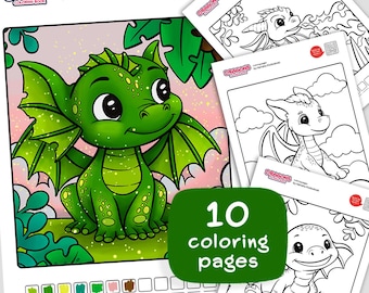 May include: A colouring book featuring 10 pages of cute dragons to colour. The cover features a green dragon with wings and a pink background with glitter.