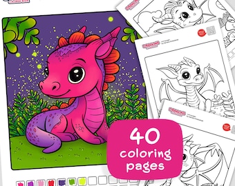 May include: A colouring book with 40 pages featuring cute dragons. The cover shows a pink dragon with purple accents sitting in a forest with glowing fireflies. The book is titled "Dragons Coloring Book" and is by Natalia Kholodniak.