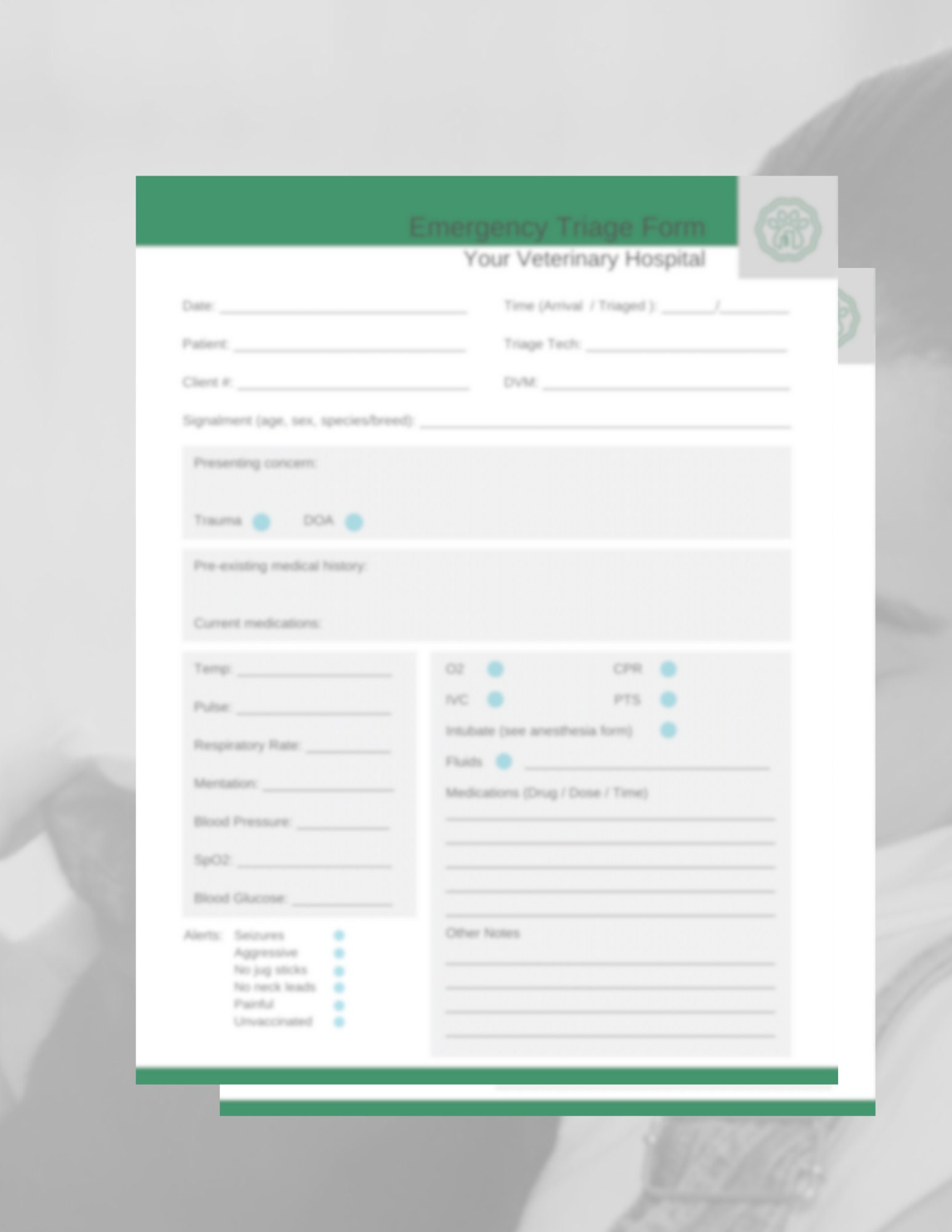 Veterinary Triage Form for Veterinary Clinic Office Vet Urgent Care