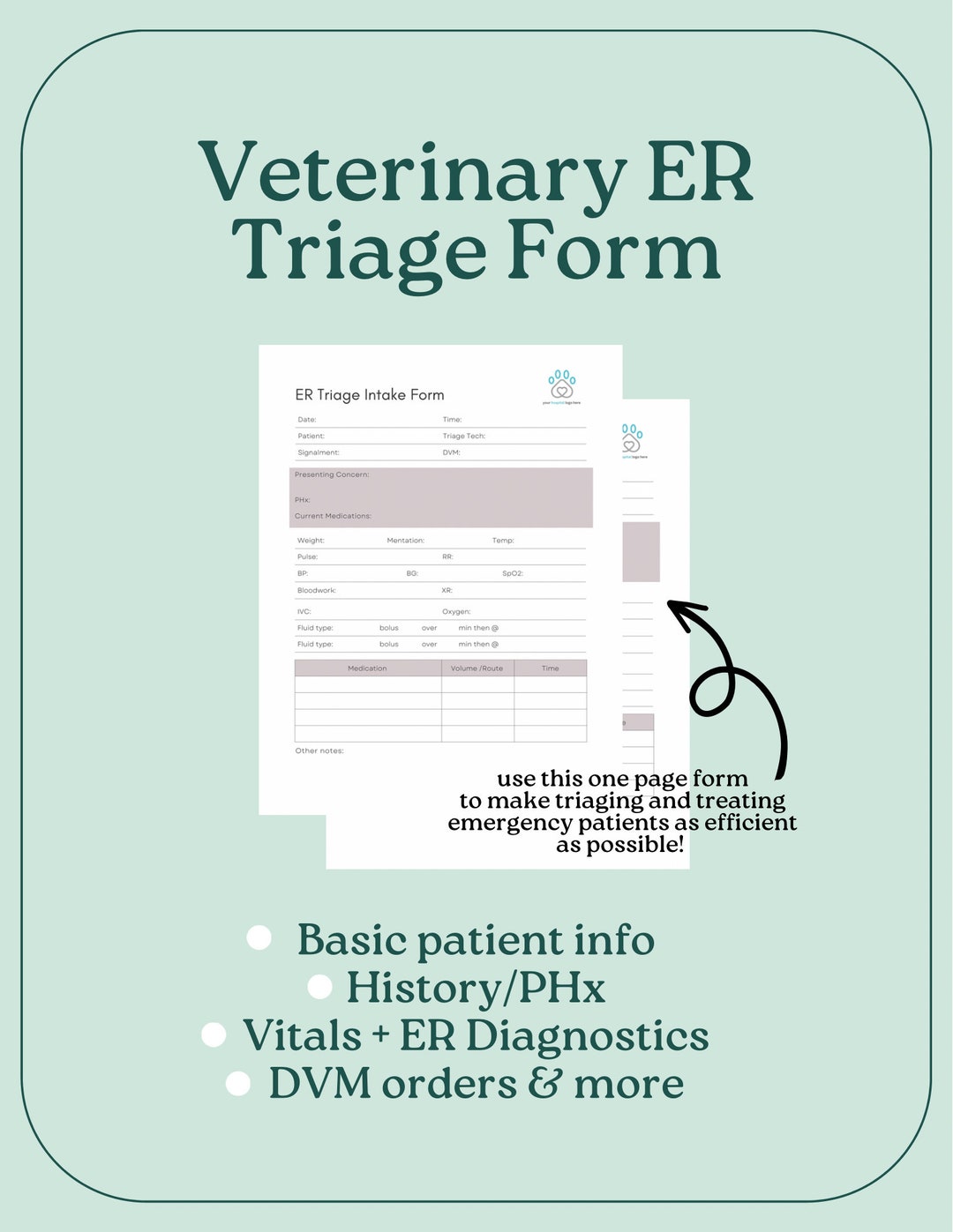 ER Urgent Care Vet Triage Form Emergency Veterinary Clinic Etsy