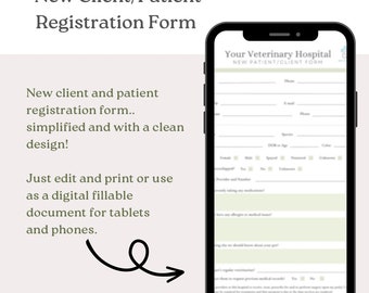 Pet Patient and Client Registration Form Vet Hospital Clinic Veterinary ER Emergency Urgent Care Hospital Printable