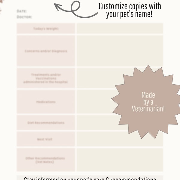 Pet Veterinary Health Report Card Pet Health Form Vaccination Tracker Dog Cat Vet Visit Printable Template Dog Cat