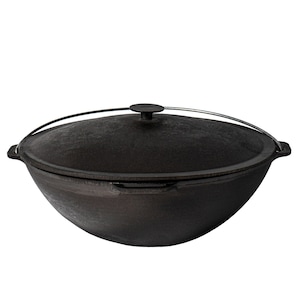 May include: A black cast iron cooking pot with a lid and a metal handle. The pot has a rounded shape and a textured surface. The lid has a small, round handle on top. The pot is designed for outdoor cooking.