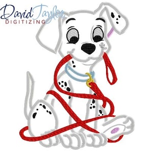 Puede incluir: Un cachorro dálmata blanco y negro con ojos marrones está sentado con una correa roja envuelta a su alrededor. El cachorro está mirando hacia la derecha.