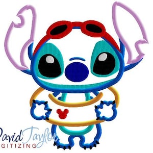 May include: Embroidered image of Stitch, a blue alien character, wearing red goggles and a yellow and blue life preserver. The image has a white background and features the text "David Taylor Digitizing".