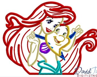 Ariel and Flounder Applique Embroidery Designs 4x4 5x7 6x10 8x10 9 formats Instant Download DTDigitizing Epcot Disneyland The Little Mermaid
