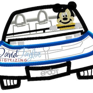 May include: A black and white cartoon car with a blue bumper. Mickey Mouse is driving the car and is wearing a yellow shirt with black stripes. The car has the word "EPOT" written on the back.