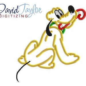 Peut inclure: Un chien de dessin animé jaune avec un collier rouge et vert, assis sur ses pattes arrière avec sa queue enroulée derrière lui. Le chien a un nez noir et de grands yeux ronds.